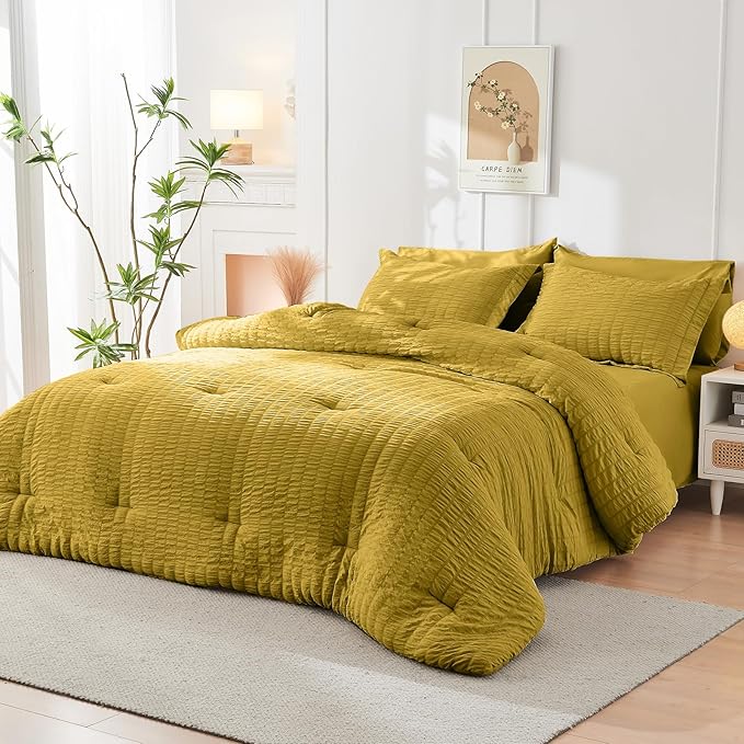 HYMOKEGE Mustard Yellow Twin XL Comforter Set Seersucker 5 Pieces, All Season Luxury Bed in a Bag for Bedroom, Bedding Set with Comforter, Sheets, Pillowcase & Sham