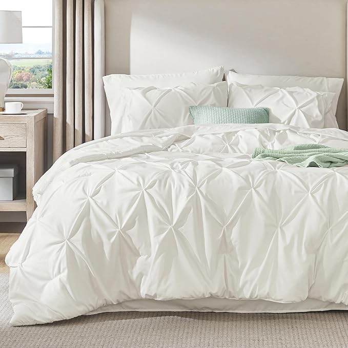 Bedsure California King Comforter Set - Cal King Bed Set 7 Pieces, Pinch Pleat Ivory Cali King Bedding Set with Pintuck Comforter, Sheets, Pillowcases & Shams