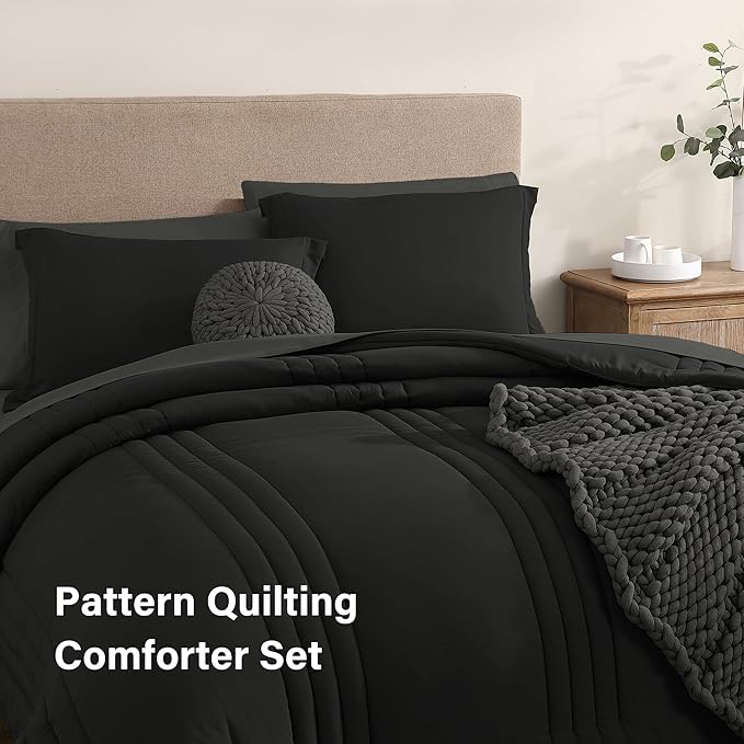 Monbix King Size Comforter Set - 7 Pieces Bed in a Bag King, Black Bedding Sets with Comforter, All Seasons Down Alternative Comforter Bed Set with Sheets, Pillowcases & Shams