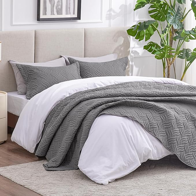 Love's cabin Twin Quilt Bedding Set Grey Bedspreads - Soft Bed Summer Lightweight Bedspread Comforter - Wave Pattern Bedding Coverlet for All Season - 2 Pieces (1 Quilt, 1 Pillow Sham)