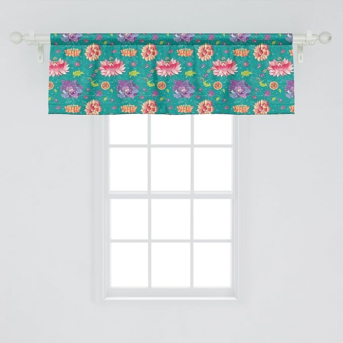 Ambesonne Floral Window Valance Pack of 2, Pattern with Lotus Flowers Peonies and Chrysanthemums Oriental Motifs Garden Art, Rod Pocket Curtain Valances for Kitchen Bedroom, 54" X 18", Teal