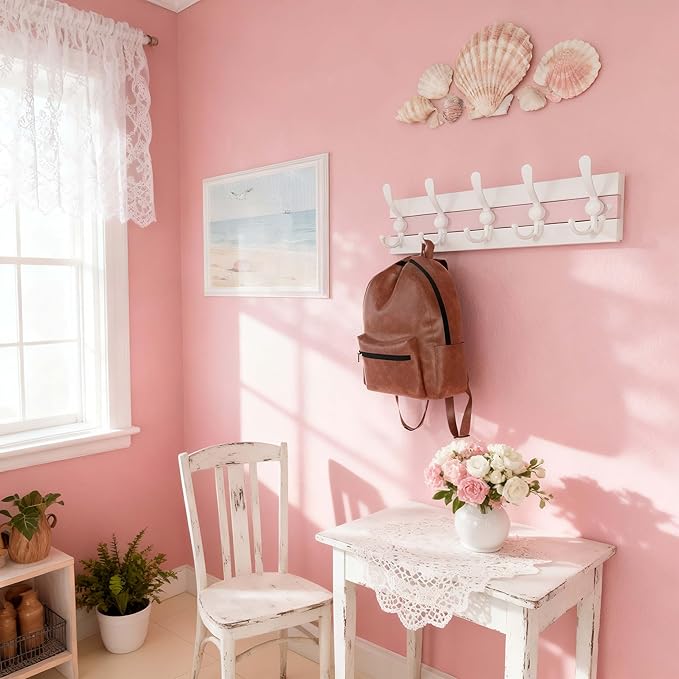 SKOLOO Coastal Wall Mounted Coat Rack - 17" Beach House Entryway Wooden Coat Hook with 5 Hooks for Hanging Coats, Hats or Towels, Oceanfront Cottage Core Collection, White & Palm Beach Pink