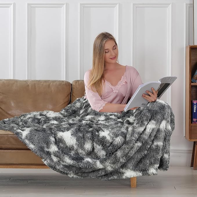 Tuddrom Decorative Extra Soft Fuzzy Faux Fur Throw Blanket 50" x 60",Solid Reversible Long Hair Shaggy Blanket,Fluffy Cozy Plush Comfy Microfiber Fleece Blanket for Couch Sofa Bedroom,Tie Dye Grey