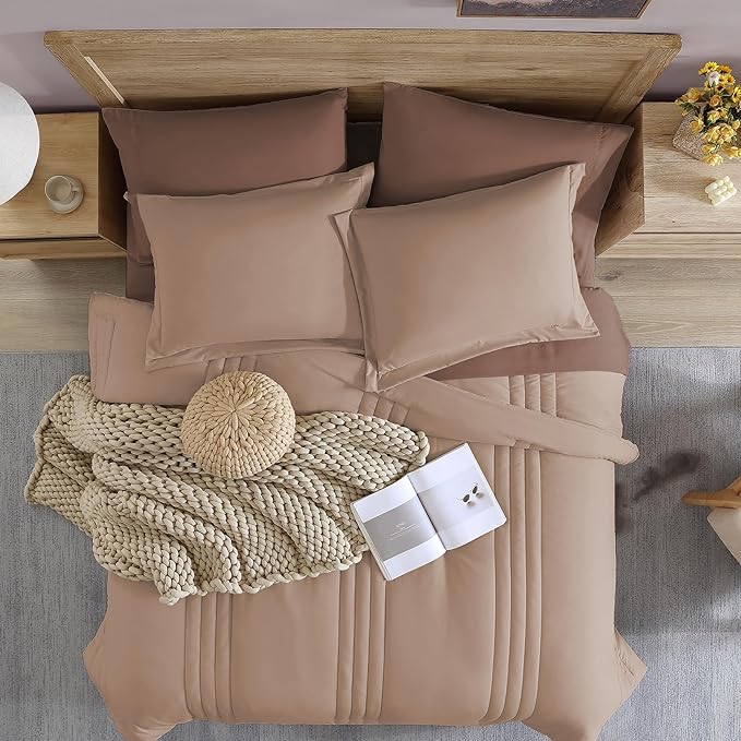 Monbix King Size Comforter Set - 7 Pieces Bed in a Bag King, Rust Pink Bedding Sets with Comforter, All Seasons Down Alternative Comforter Bed Set with Sheets, Pillowcases & Shams