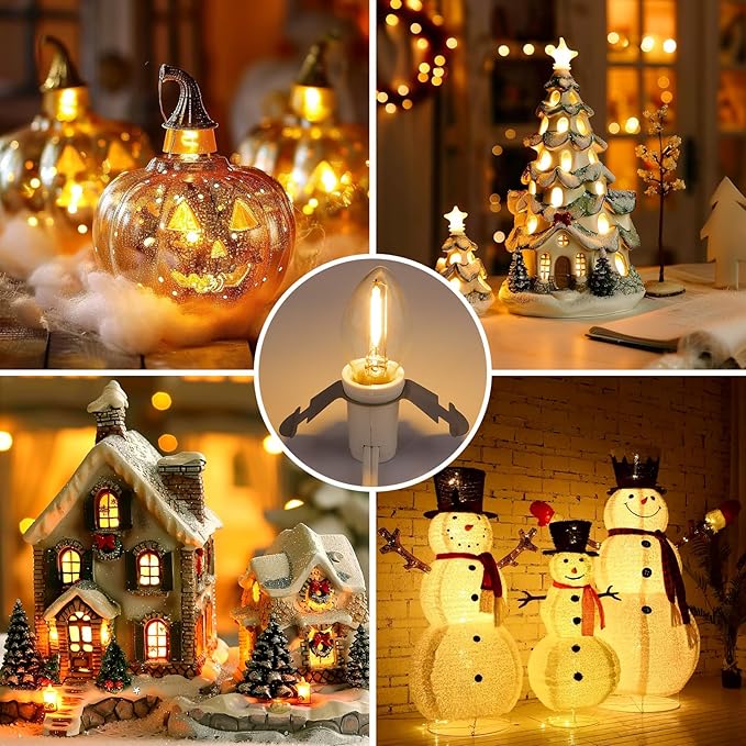 Brightown Accessory Cord with 2 LED Light Bulbs - UL Listed 5 Feet Christmas Village Cords, Rotary Switch, Fused Plug for Crafts, Halloween Pumpkin, Holiday Ornaments, White Cord, Warm White, 2 Pack