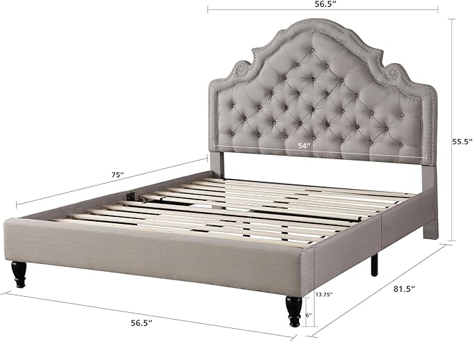 HomeLife Premiere Classics 51" Tall Platform Bed with Cloth Headboard and Slats - King (Light Grey Linen)