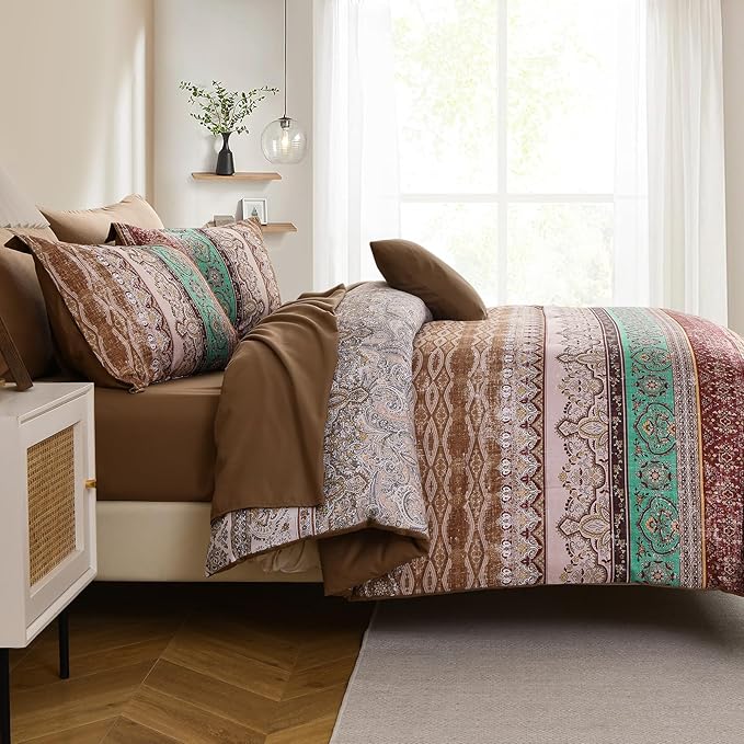 Boho Queen Comforter Set 8 Pieces, Brown Bohemian Striped Bed in a Bag, Paisley Soft Microfiber Bedding Comforter Set