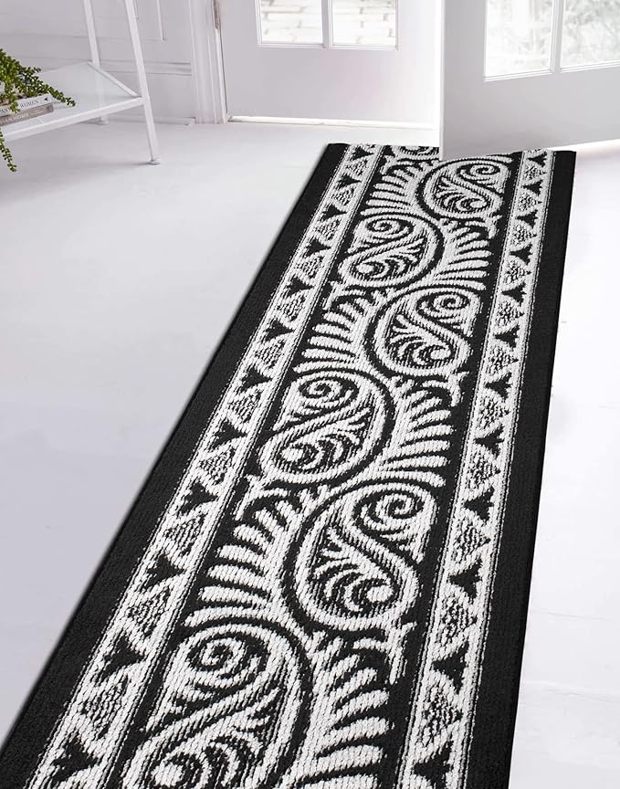 Custom Length Cut to Size Tribal Ethnic Southwestern Inspired Hallway Runner Rug, Non Slip Rubber Backed, 31 inch Wide X Customized Length, Mayan Black, 31 inch X 20 feet
