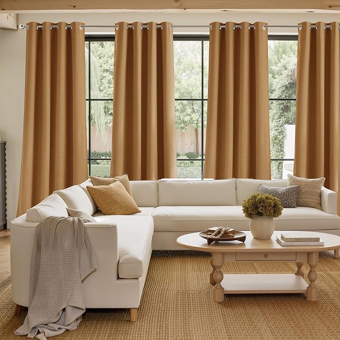 NICETOWN Short Faux Linen Gold Brown Blackout Curtains 63 inches Long for Kitchen - Privacy Panels for Living Room Bedroom, Modern Farmhouse Style Easy Care Grommet Top, 2 Panels, W42 by L63