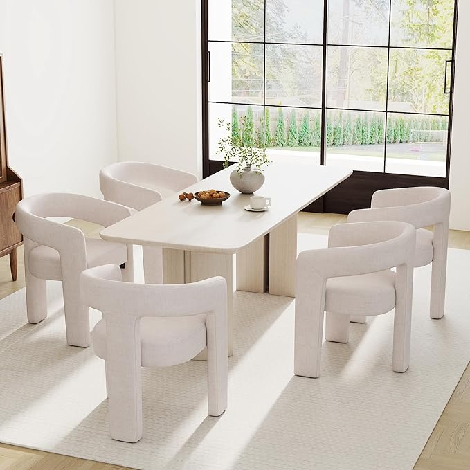 Modern Barrel Dining Chairs Set of 5, Linen Upholstered Accent Side Chair with Arms Comfy Makeup Vanity Chairs, Dining Living Room Kitchen Chairs, Beige