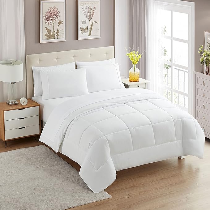 Sweet Home Collection 7 Piece Comforter Set Bag Solid Color All Season Soft Down Alternative Blanket & Luxurious Microfiber Bed Sheets, White, Full