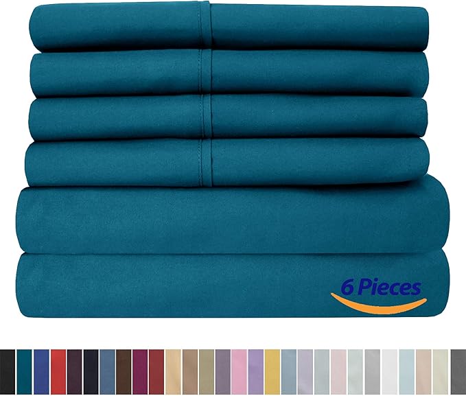 Sweet Home Collection 6 Piece 1500 Supreme Collection Brushed Microfiber Deep Pocket Sheet Set-2 Extra Pillow Cases, Great Value, Split King, Teal