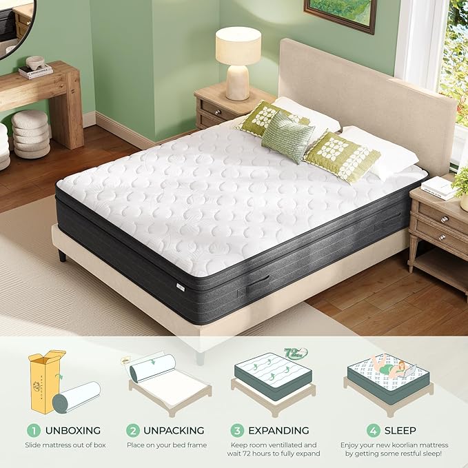koorlian 12 Inch Full Size Mattress in a Box for Back Pain, Medium Firm Feel Fiberglass Free Hybrid Mattress with Individual Pocket Springs and Pressure-Relieving Memory Foam, 120-Night Trial