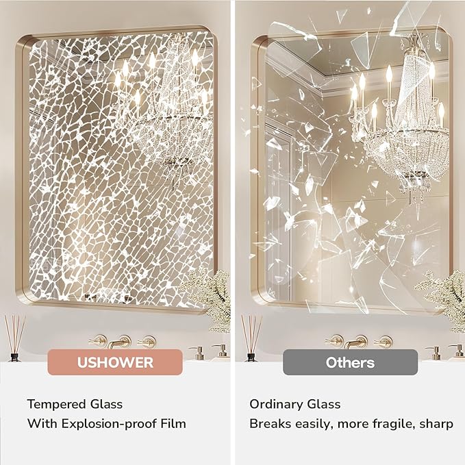USHOWER Gold Bathroom Mirrors 22"x30" 2 Pack, Brushed Gold Rounded Rectangle Mirrors for Over Sink, Aluminum Frame, Anti-Rust, Tempered Glass, Horizontal or Vertical Mounted