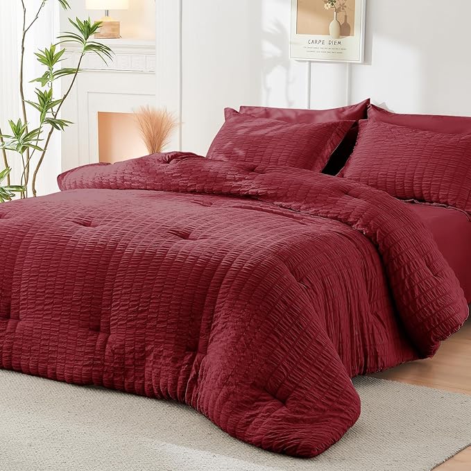 HYMOKEGE Burgundy King Size Comforter Set Seersucker 7 Pieces, All Season Luxury Bed in a Bag for Bedroom, Bedding Set with Comforters, Sheets, Pillowcases & Shams