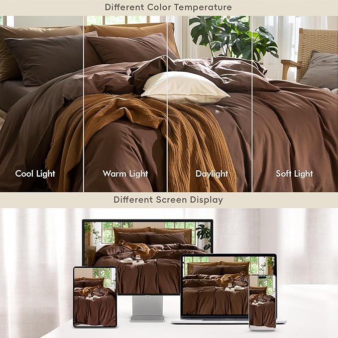 MooMee Bedding Duvet Cover Set 100% Washed Cotton Linen Like Textured Breathable Durable Soft Comfy (Solid Cocoa Brown, Palatial King/Oversized King 120"x98")