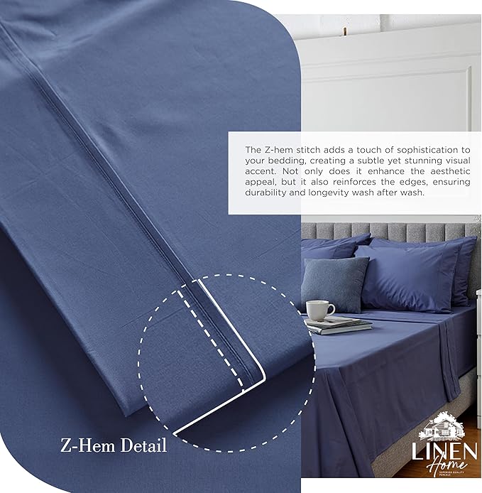 Linen Home 100% Cotton Percale Sheets Twin Size, Dark Blue, Deep Pocket, 3 Pieces Set - 1 Flat, 1 Deep Pocket Fitted Sheet and 1 Pillowcase, Crisp Cool and Strong Bed Linen