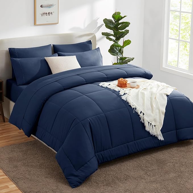 CozyLux King Size Comforter Set Navy Blue, 7 Pieces Bed in a Bag, Navy Blue Comforter King Size, All Season Bedding Sets with Stitch Quilted Comforter, Flat Sheet, Fitted Sheet, Pillowcases
