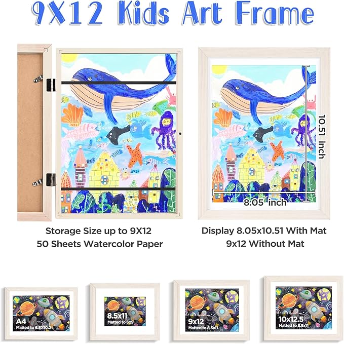 KINLINK 9x12 Kids Art Frames Set of 2, Solid Wood Kids Artwork Frames Changeable with Acrylic Front Opening Holds 150 Pictures, Art Frame for Kids Artwork with Mat or without Mat, White Wood