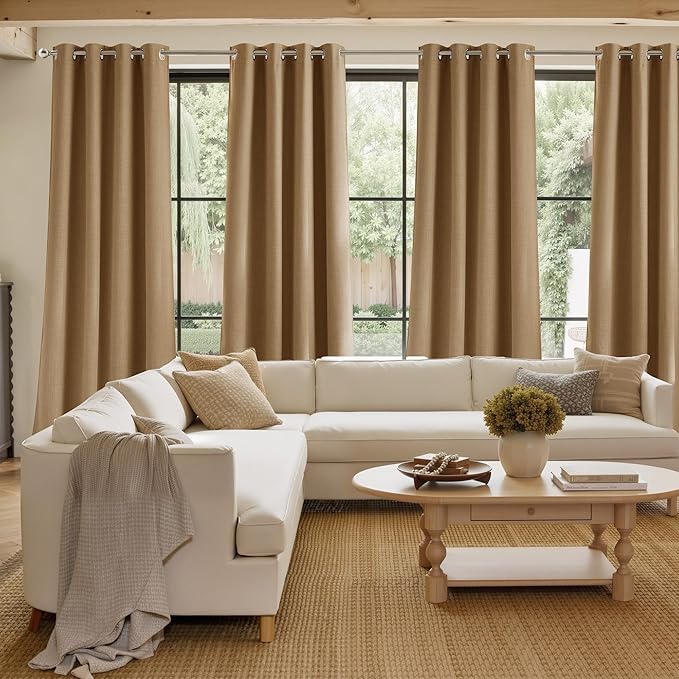 NICETOWN Short Faux Linen Caramel Blackout Curtains 63 inches Long for Kitchen - Privacy Panels for Living Room Bedroom, Modern Farmhouse Style Easy Care Grommet Top, 2 Panels, W42 by L63