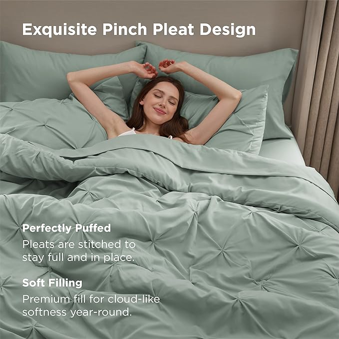 Bedsure Oversized King Comforter Set Sage Green - Bed in a Bag Bedding Set 7 Pieces, GentleSoft™ Pintuck Bed Set Gift for Family, Pinch Pleat Sage Green Comforter with Sheets, Pillowcases & Shams