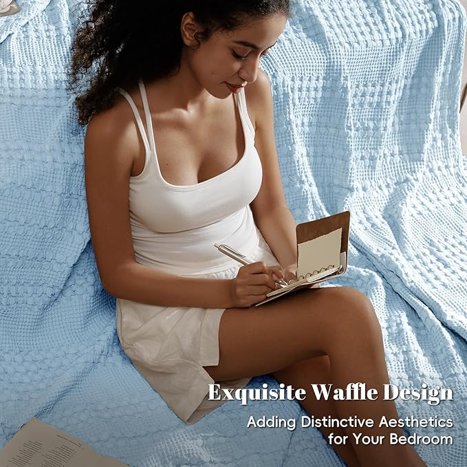 PHF 100% Cotton Waffle Weave Blanket Queen Size for Bed, Soft Lightweight & Breathable, All-Season Comfort, Luxury Aesthetic Woven Bedding for Home Decor, 90"x90", Baby Blue