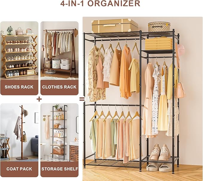 Neprock Portable Closets for Hanging Clothes, Freestanding Clothing Rack with 3 Hang Rods & 5 Shelves, Metal Wardrobe Garment Rack for Bedrooms