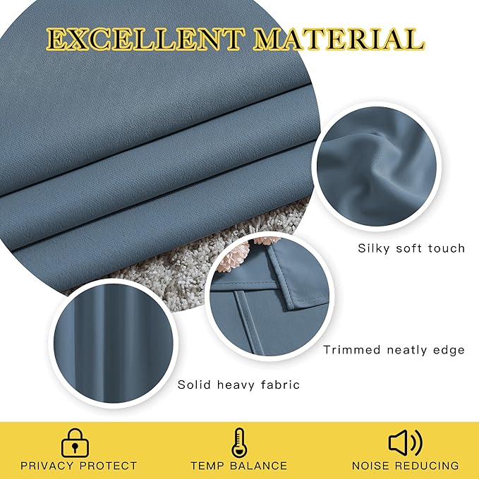 NICETOWN Smoky Blue Curtains 110 inches Long, Grommet Thermal Insulated Blackout Curtains Privacy Window Treatments Sound Reducing for Bedroom/Living Room, W66 x L110, 2 Panels