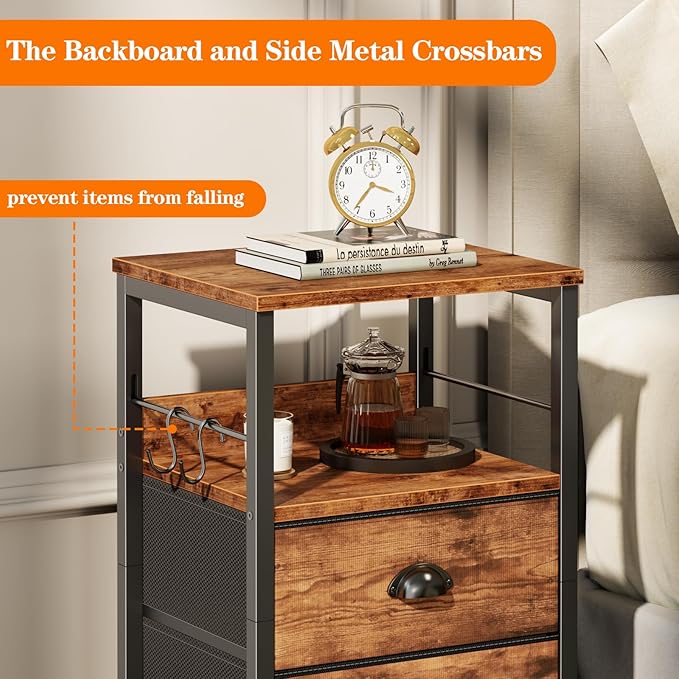 Furologee Night Stand Set of 2, Nightstand with 2 Fabric Drawers, Bed Side Table with Open Shelf, Wooden Top, Hooks, Backboard Design, End Table for Bedroom, Study, Hallway, Brown