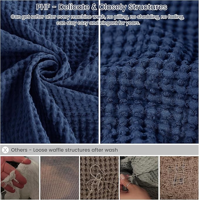 PHF 100% Cotton Waffle Weave Throw Blanket，Pre-Washed Snag Proof Lightweight Breathable Moisture-Wicking Layering in Cold Weather for Couch Bed,Machine Washable,Home Decor Gift-Navy Blue/Bright Blue