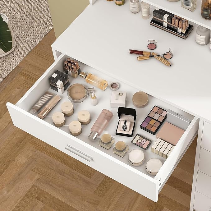 Quimoo Vanity Desk with Mirror & Lights, Makeup Vanity with 5 Drawers & Storage Shelves, White Vanity Table, 3 Color Modes & Adjustable Brightness, Dressing Table, Bedroom