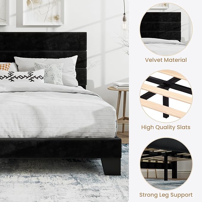 SHA CERLIN Queen Platform Bed Frame with Velvet Upholstered Headboard, Mattress Foundation with Strong Wooden Slats Support, No Box Spring Needed, Black