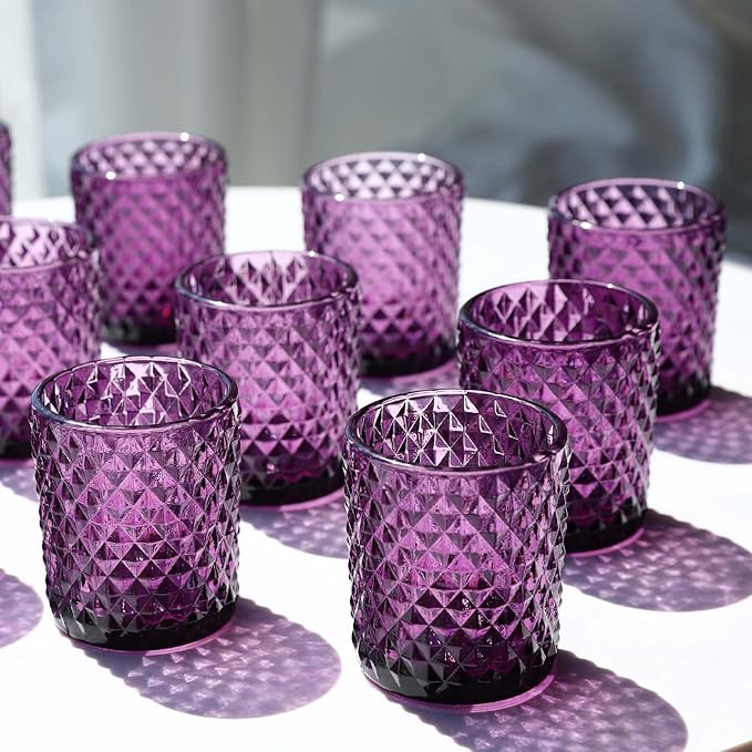 Woho 24pcs Purple Votive Candle Holders, Glass Tea Lights Candle Holder for Wedding Table Centerpiece, Studded Diamond Tealight Candle Holder for Tealight Candles/Votive Candles