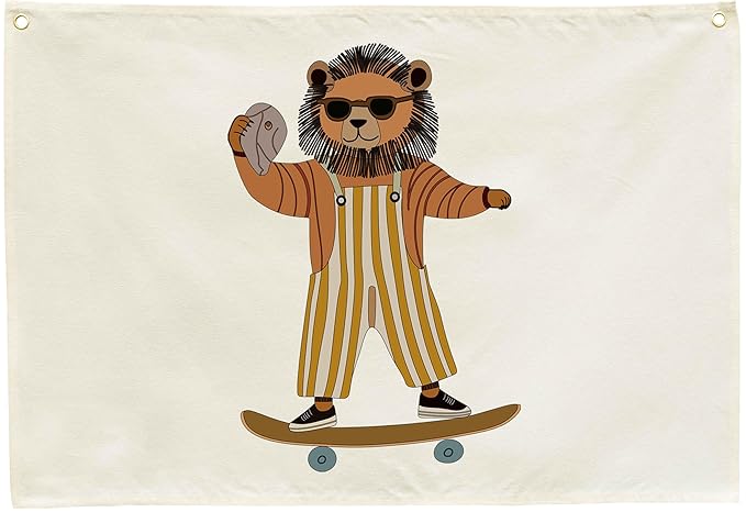 Lion Skateboarding Nursery Rectangular Canvas Banner-Flag Wall Sign Decor for Toddler Boys Kids,Baby Room Above Crib Playroom Reading Room Bedroom Dorm Decor-Baby Shower Birthday Christmas Gift