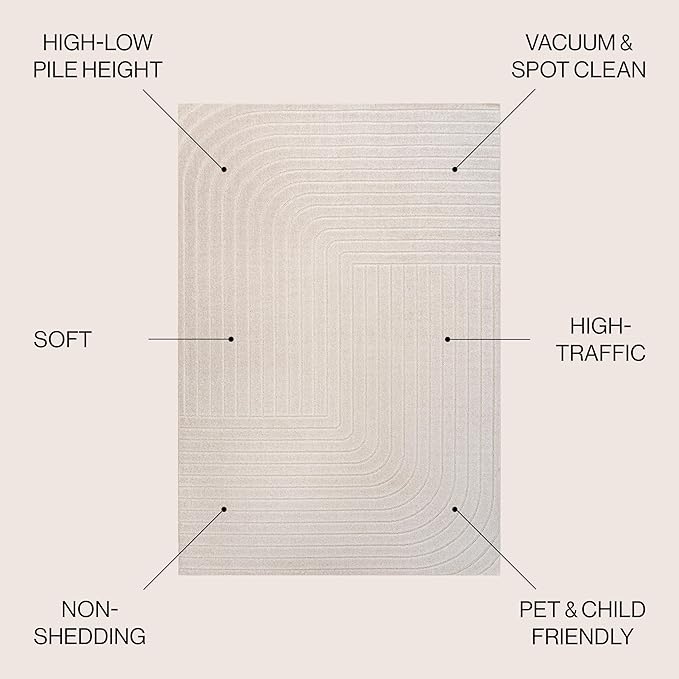 Eyely NCS101A-8R Scandinavian Odense Minimalist Angle Geometric Indoor Rug, Pet Friendly, Non-Shedding, Stain Resistant, Easy-Cleaning, Ivory/Cream, 8' Round, Indoor/Outdoor, Area Rug