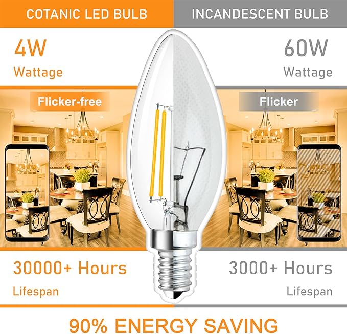 Cotanic E12 LED Bulb Dimmable 3000K Soft White, LED Candelabra Bulbs 60Watt Equivalent, Small Base Type B Light Bulbs, Candle Shape Chandelier Light Bulbs Clear Glass, 600LM, 10 Pack