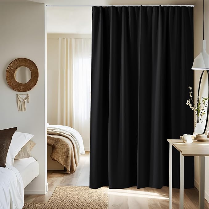 NICETOWN Room Divider Curtain with Adjustable Ceiling Track, W100 x L84 Blackout Curtain for Sliding Door, Ceiling Mouted Drape for Living Room/Hospital Divider, 1 Panel Black Drape, Whtie Track
