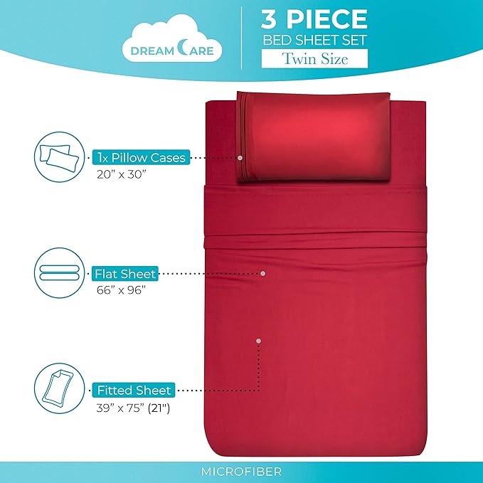 DREAMCARE Twin Sheets - 3pcs Cooling Sheets up to 21' Extra Deep Pocket Twin Bed Sheets - Twin Sheet Set - Soft & Long Lasting 100% Fine Brushed Polyester with Side Pocket - Brgndy