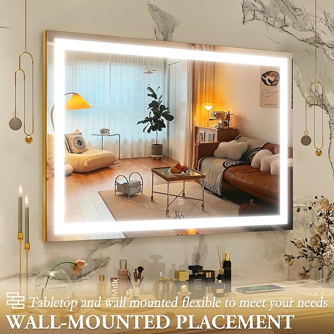Vanity Mirror with Lights, 32" x 22" Large Lighted Vanity Mirror with Dimmable 3 Modes, LED Makeup Mirror, 10X Magnification, USB Charging Port, Tabletop or Wall-Mounted Square Gold