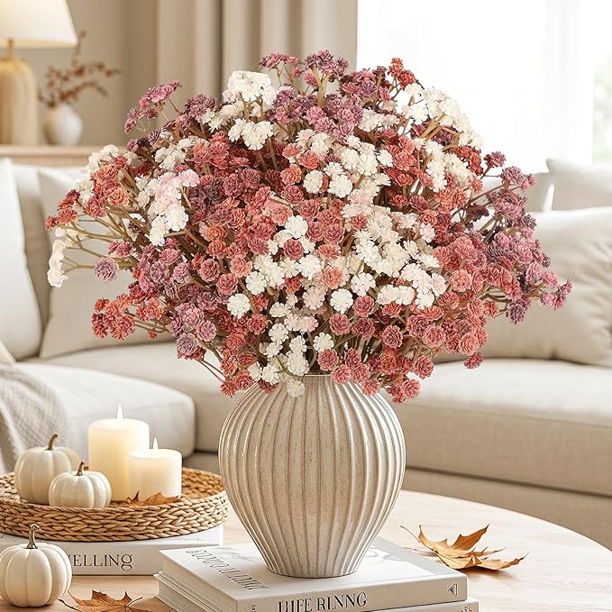 Baby Breath Flowers Fall Flowers Artificial Bulk, 10Pcs Fall Decor Fake Gypsophila Plants Bouquets Flowers Real Touch Faux Babies Breath Arrangement for Home Autumn Wedding Vase Decoration Fall Orange