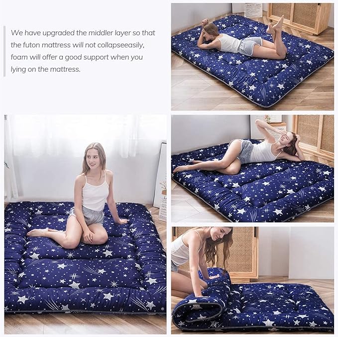 MAXYOYO Navy Starry Sky Japanese Futon Mattress, Tatami Floor Mat, Portable Camping Sleeping Pad, Foldable Roll Up Lounger Bed Full Size with Mattress Protector Cover