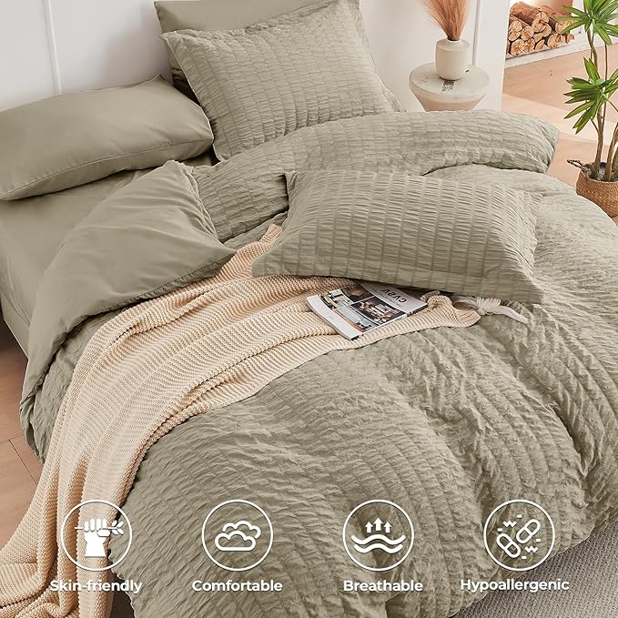 HYMOKEGE Linen Twin Comforter Set Seersucker 5 Pieces, All Season Luxury Bed in a Bag for Bedroom, Bedding Set with Comforter, Sheets, Pillowcase & Sham