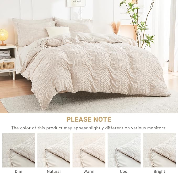 HYMOKEGE Beige Full Size Comforter Sets Seersucker 7 Pieces, All Season Luxury Bed in a Bag for Bedroom, Bedding Set with Comforters, Sheets, Pillowcases & Shams