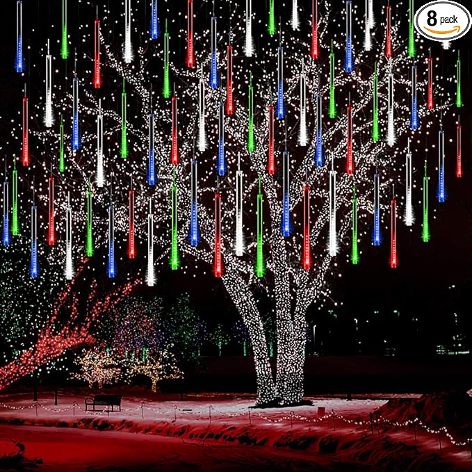Kwaiffeo Icicle Christmas Lights Outdoor, Cascading Meteor Shower Lights for Xmas Tree Decor Wedding Party, Christmas Outdoor Decorations, 8-Tube, UL Plug Multi Colored