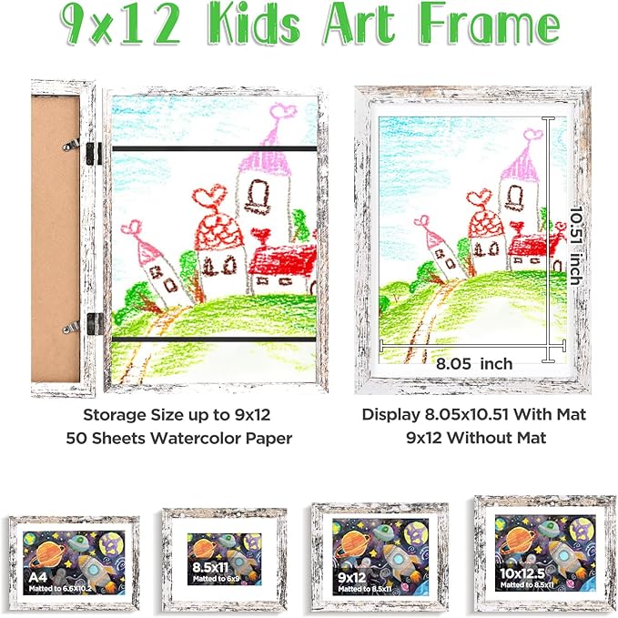 KINLINK 9x12 Kids Art Frames Set of 2, Solid Wood Kids Artwork Frames Changeable with Acrylic Front Opening Holds 150 Pictures, Art Frame for Kids Artwork with Mat or without Mat, Rustic White