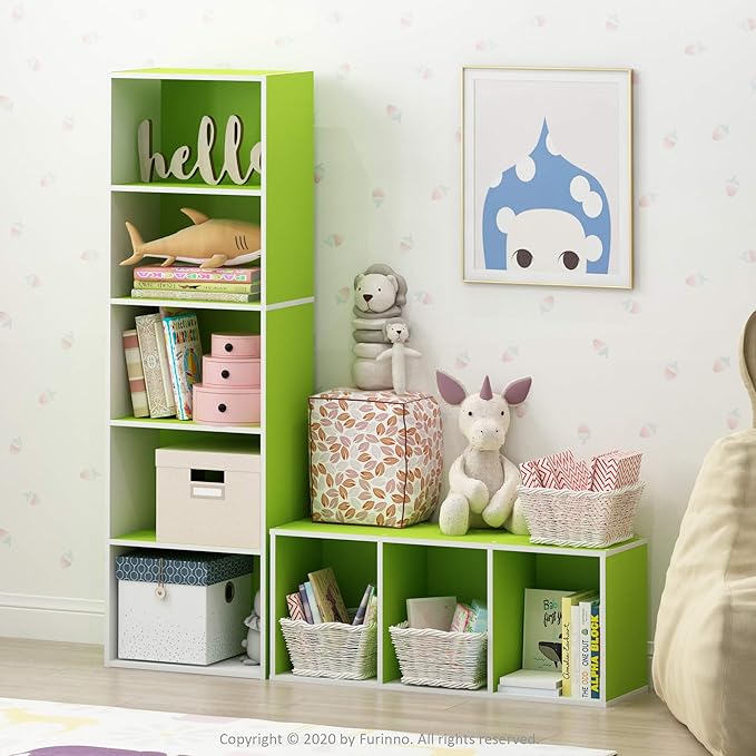 Furinno LUDER Book Shelf, 3-Cube Bookshelf, Bookcase, 9.3" x 12" x 31.5", for Living Room, Bedroom, Home Office, White/Green