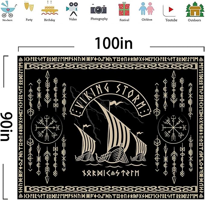 OSUNBD Viking Warship Tapestry Wall Hanging - Large 100x90 inches Storm & Celtic Runes on Soft Flannel Aesthetic Mythology Tapestries Norse Mythology Art for Bedroom, Living Room Decor