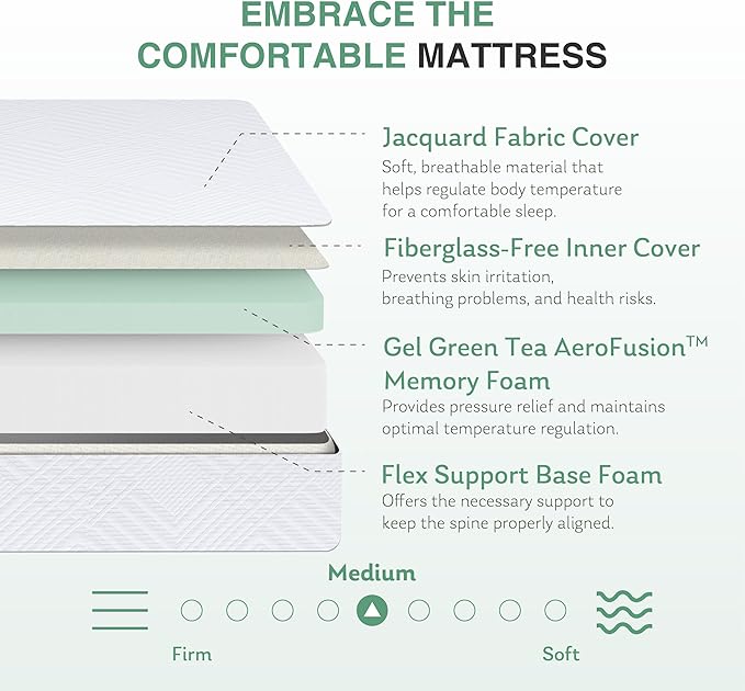King Mattress in a Box, 12 inch Mattresses Made in USA for Platform Bed Double Size Daybed, Green Tea Memory Foam Mattress for Cool Sleep & Pressure Relief, Medium Firm