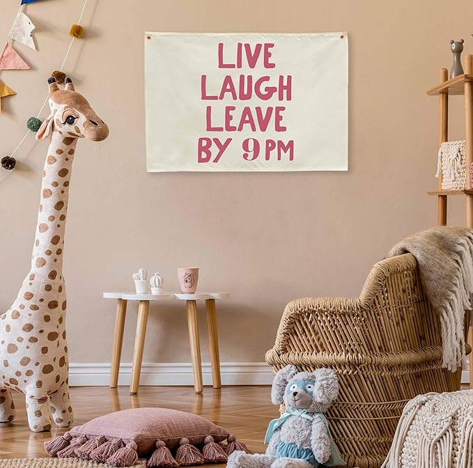 Boho Rectangular Canvas Banner-Flag Wall Sign Art Decor for Teen Friends Neighbor,Home Living Room Restaurant Dorm Playroom Front Door Inside Decor-Birthday Christmas Gift-Live Laugh Leave By 9PM