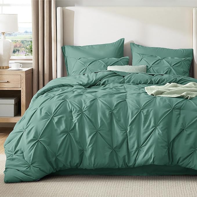 Bedsure Queen Comforter Set Graysih Green - Bed in a Bag Queen Size Bedding 7 Pieces, GentleSoft™ Pintuck Bed Set Gift for Family, Pinch Pleat All Season Comforter with Sheets, Pillowcases & Shams